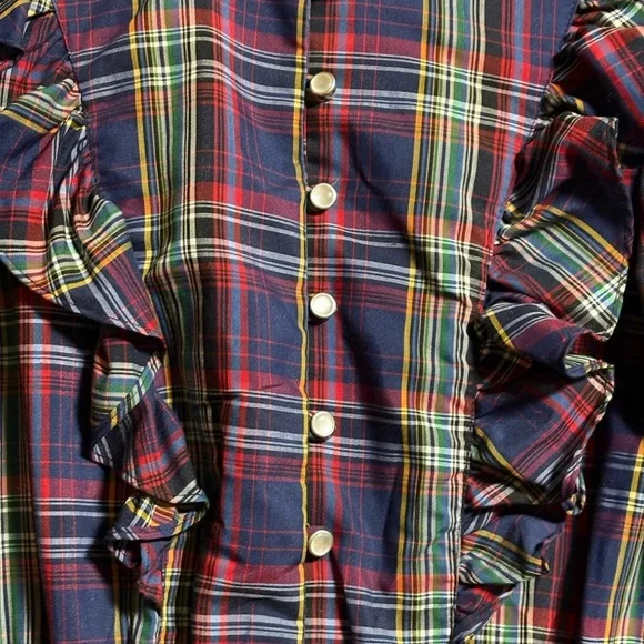 Vintage Colorful Plaid Ruffle Dress with Pearl Buttons - Picture 3 of 4